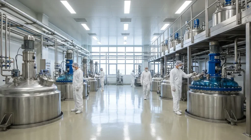 Glass-lined reactors operating in a clean industrial chemical processing facility with technicians monitoring production equipment.