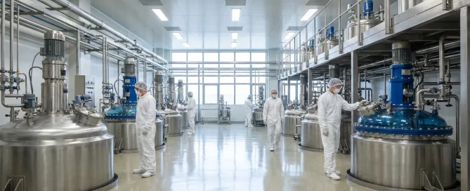 Glass-lined reactors operating in a clean industrial chemical processing facility with technicians monitoring production equipment.