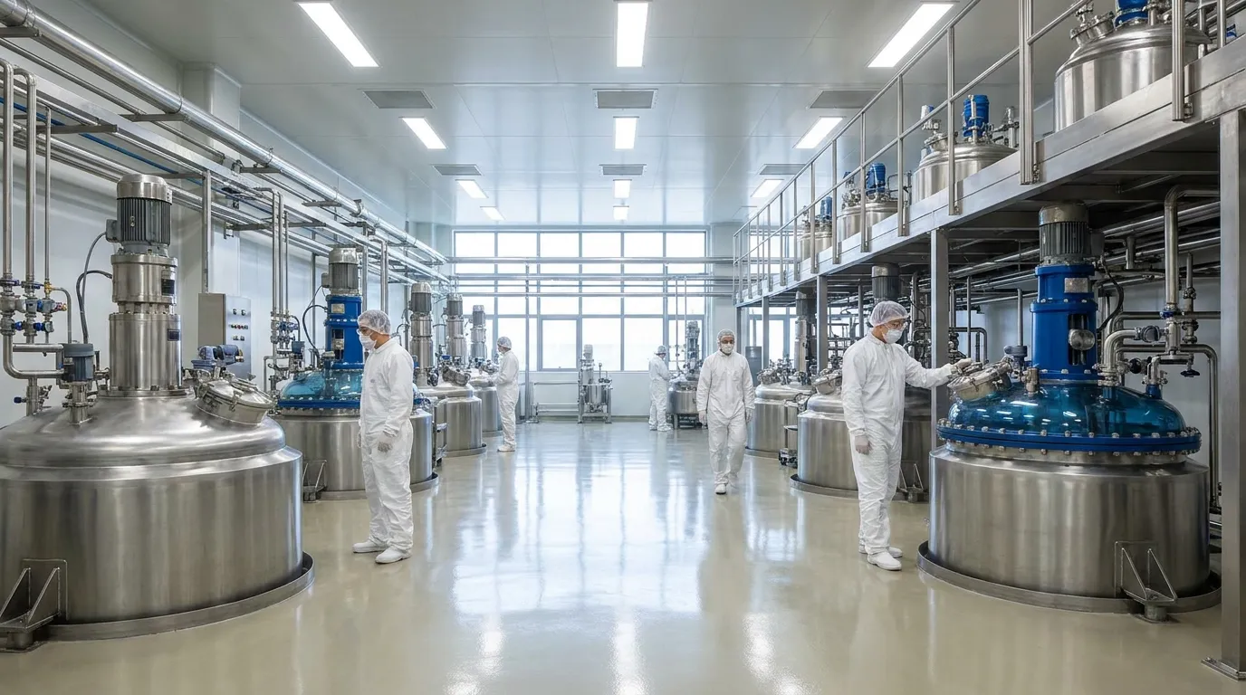 Glass-lined reactors operating in a clean industrial chemical processing facility with technicians monitoring production equipment.