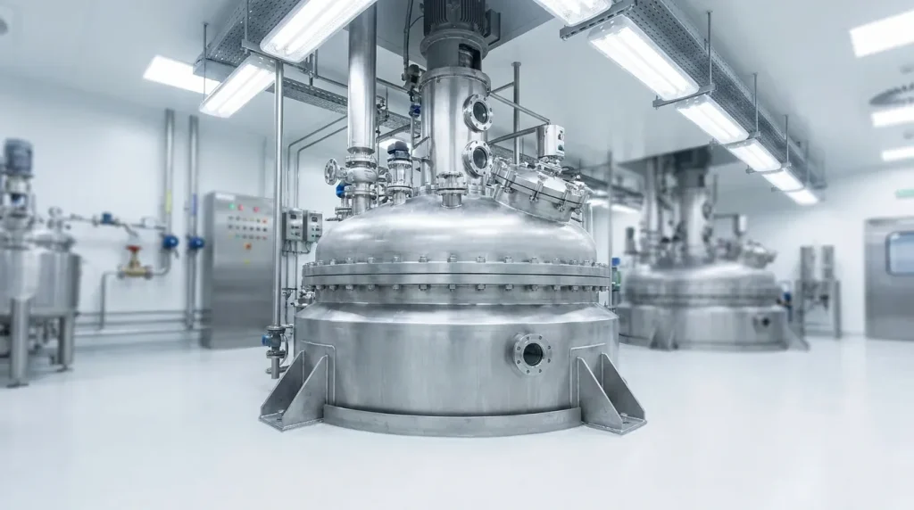 Glass-lined reactor vessel installed in a clean industrial processing facility.