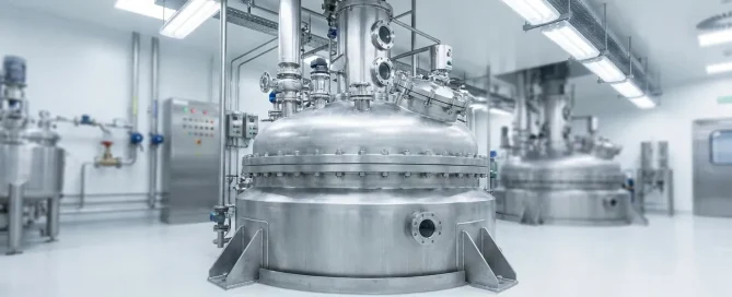 Glass-lined reactor vessel installed in a clean industrial processing facility.
