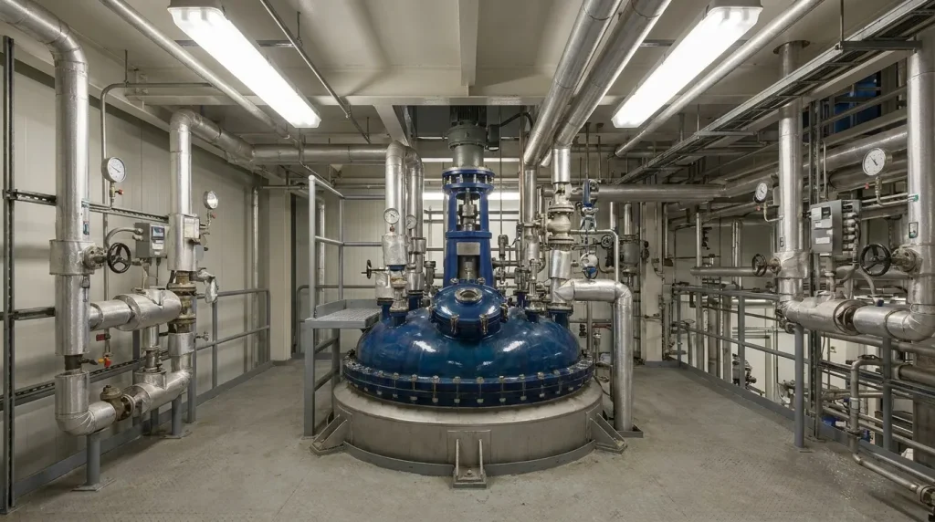 Large glass-lined reactor surrounded by stainless steel piping and process equipment in an industrial facility.