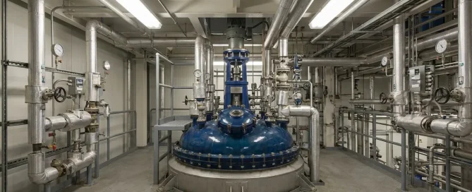 Large glass-lined reactor surrounded by stainless steel piping and process equipment in an industrial facility.