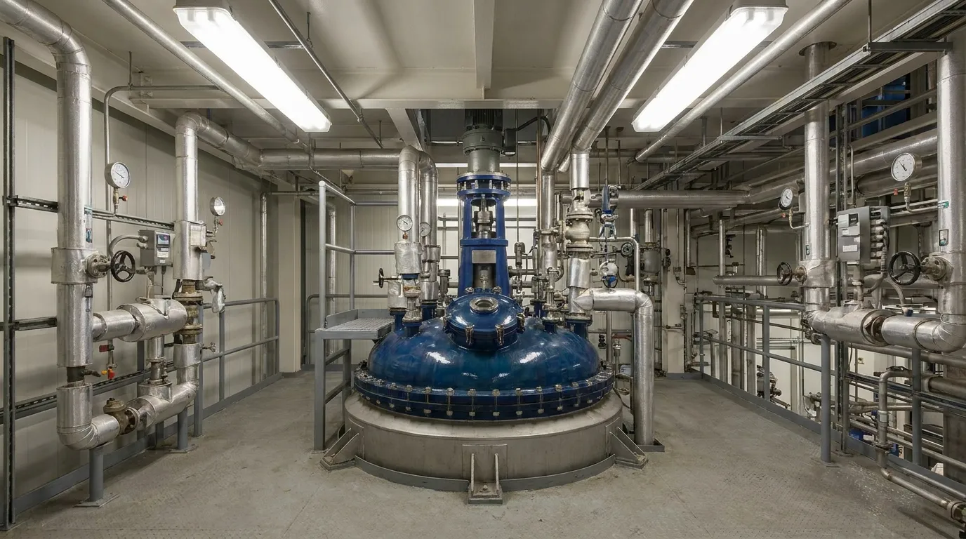 Large glass-lined reactor surrounded by stainless steel piping and process equipment in an industrial facility.