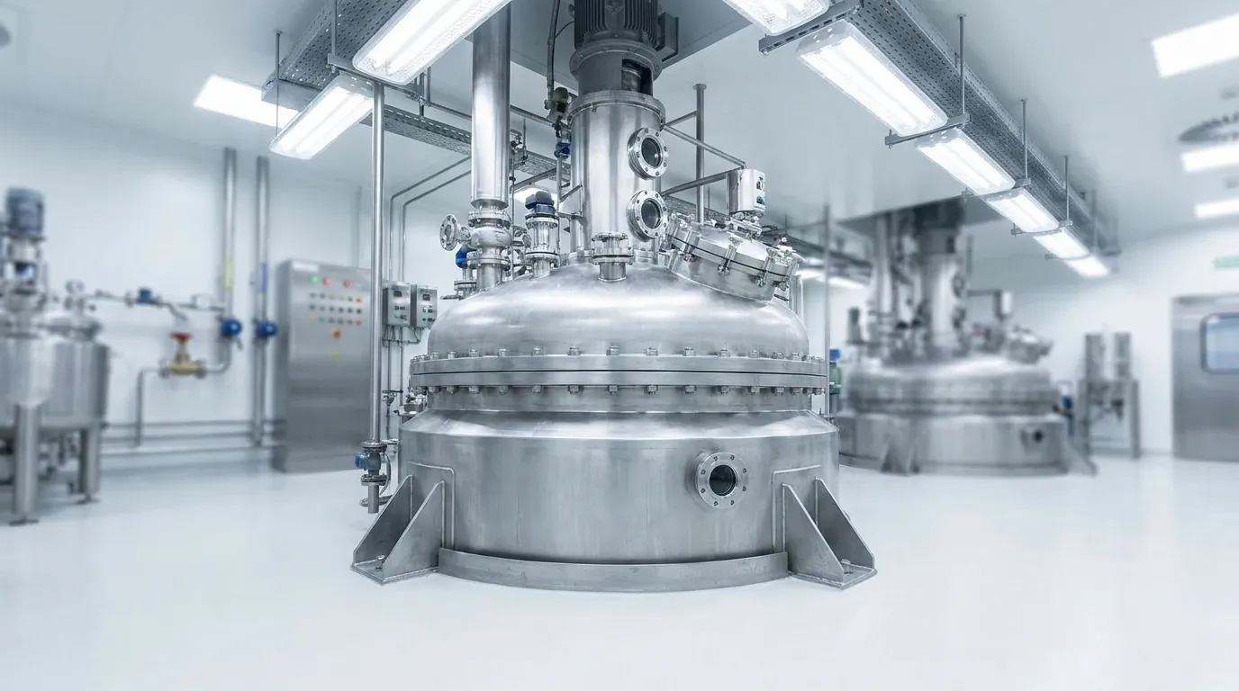 Glass-lined reactor vessel installed in a clean industrial processing facility.