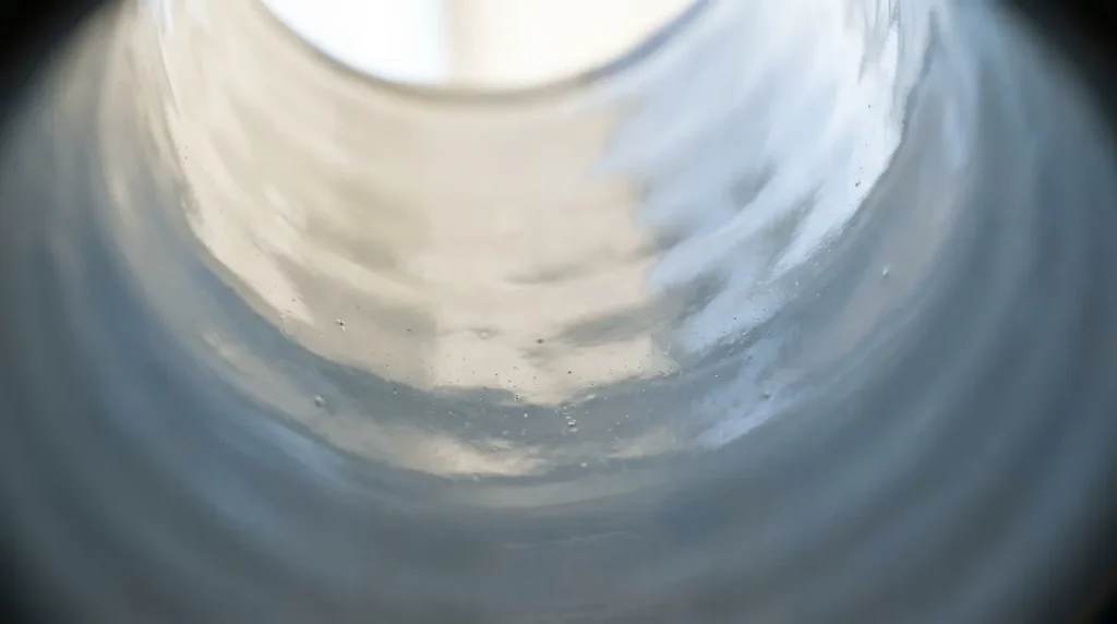 Close-up view of the smooth glass-lined interior coating of an industrial chemical reactor vessel.