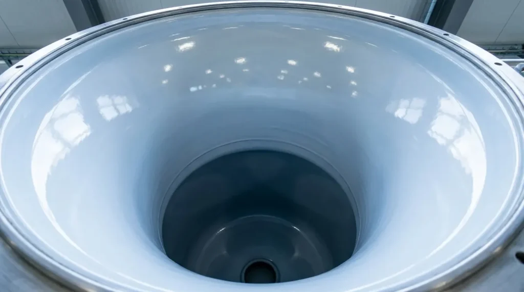 Interior view of a glass-lined reactor vessel showing the smooth protective lining.