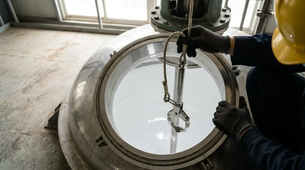 Technician carefully lowering a maintenance tool into a glass-lined reactor to help prevent impact damage to the internal coating.