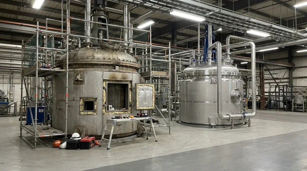 Side-by-side view of an older industrial reactor under repair and a newer replacement reactor in a processing facility.