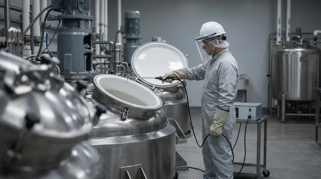 Technician performing spark testing on the enamel lining of an industrial glass-lined reactor.