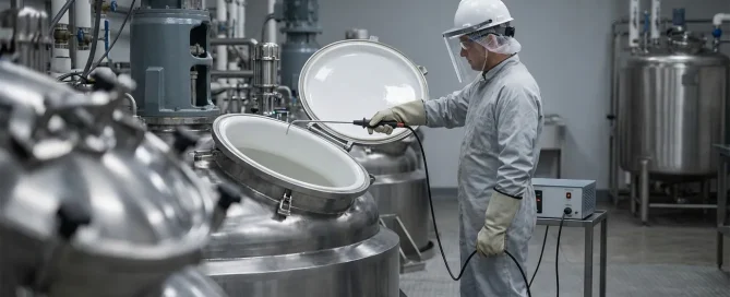 Technician performing spark testing on the enamel lining of an industrial glass-lined reactor.