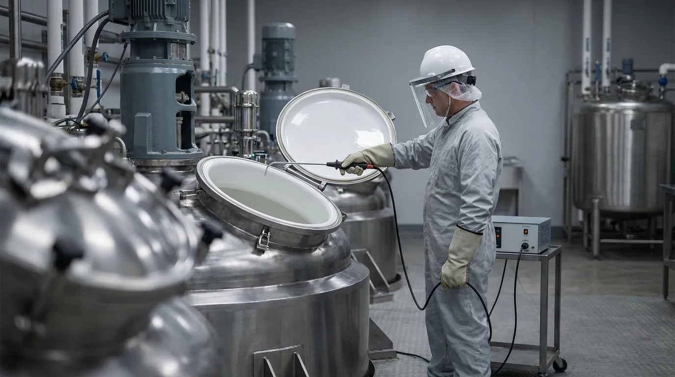 Technician performing spark testing on the enamel lining of an industrial glass-lined reactor.