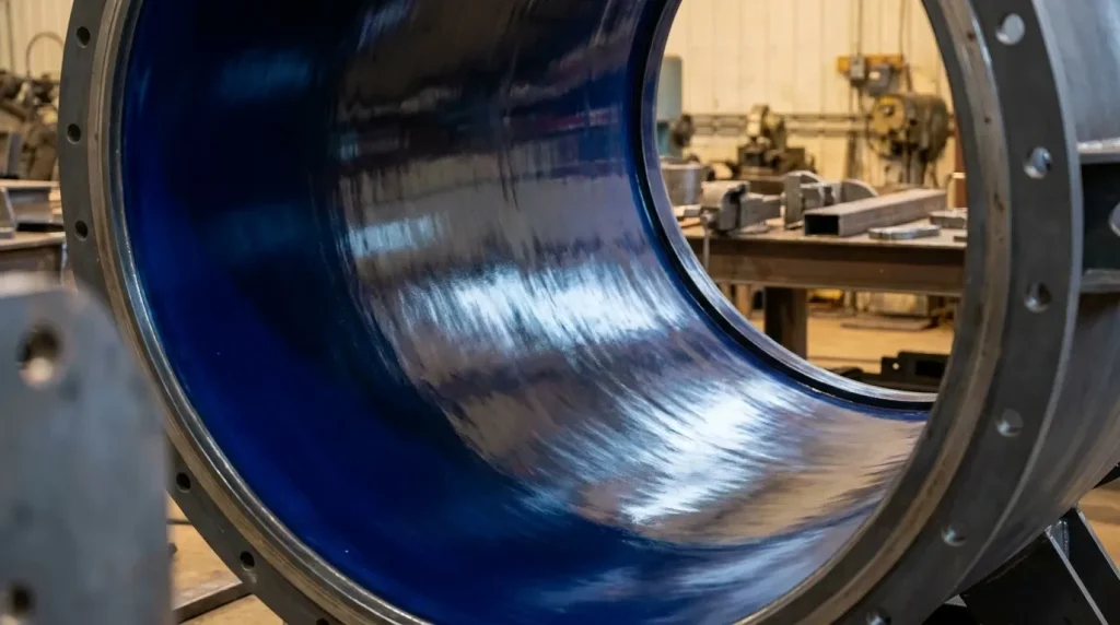 Close-up of a glass-lined reactor vessel showing the smooth blue protective interior coating.
