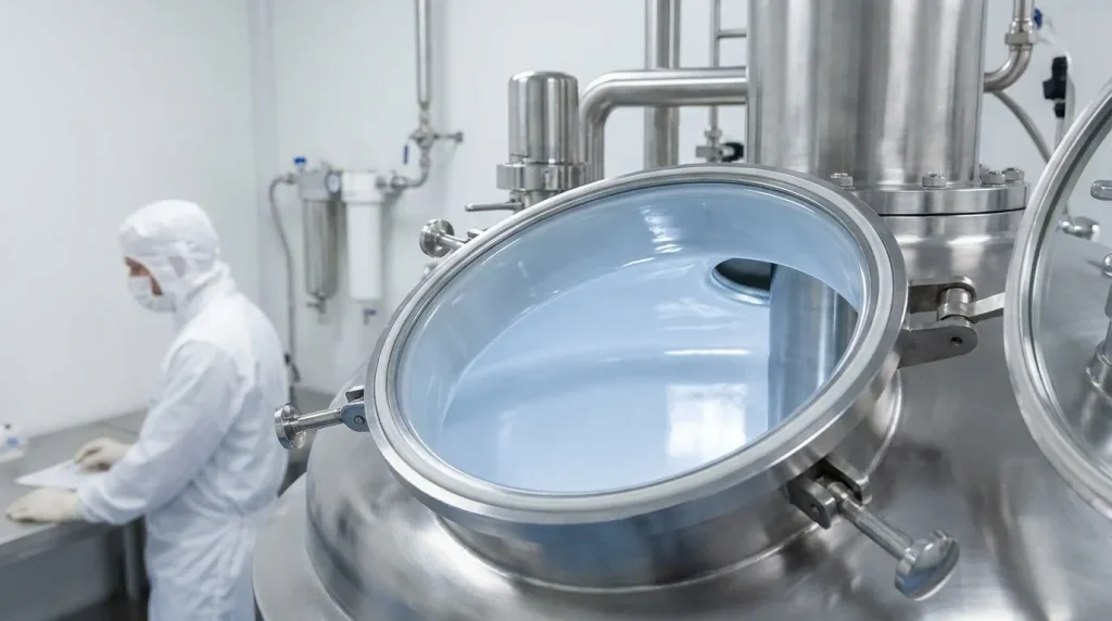 Close-up of a glass-lined reactor vessel interior in a clean processing environment.
