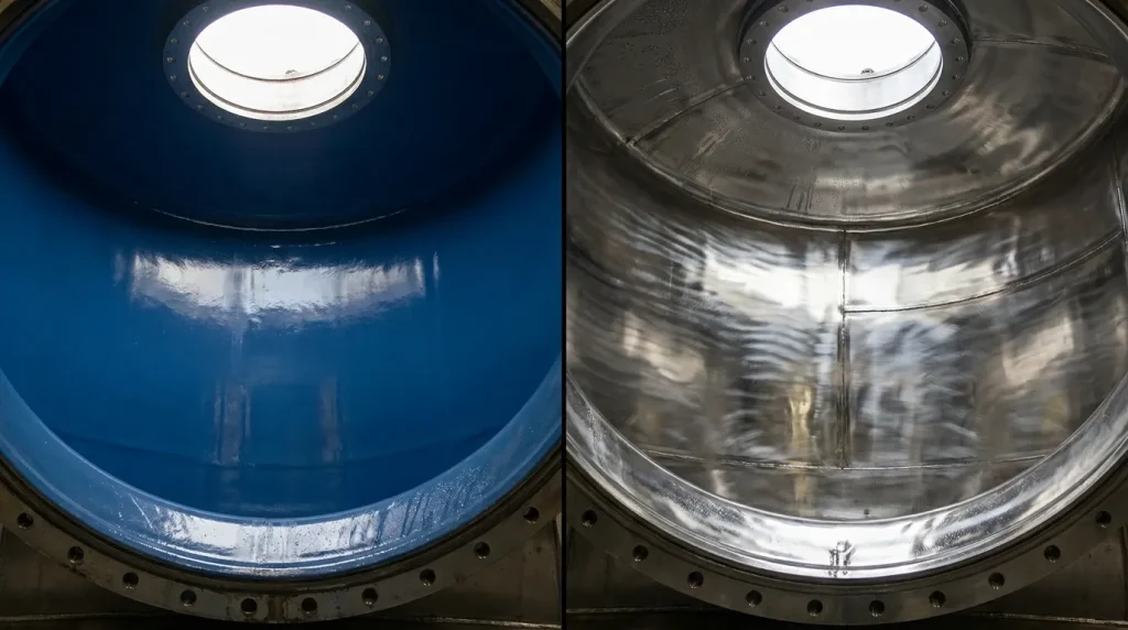 Side-by-side comparison of a blue glass-lined reactor interior and a polished metal alloy reactor surface.