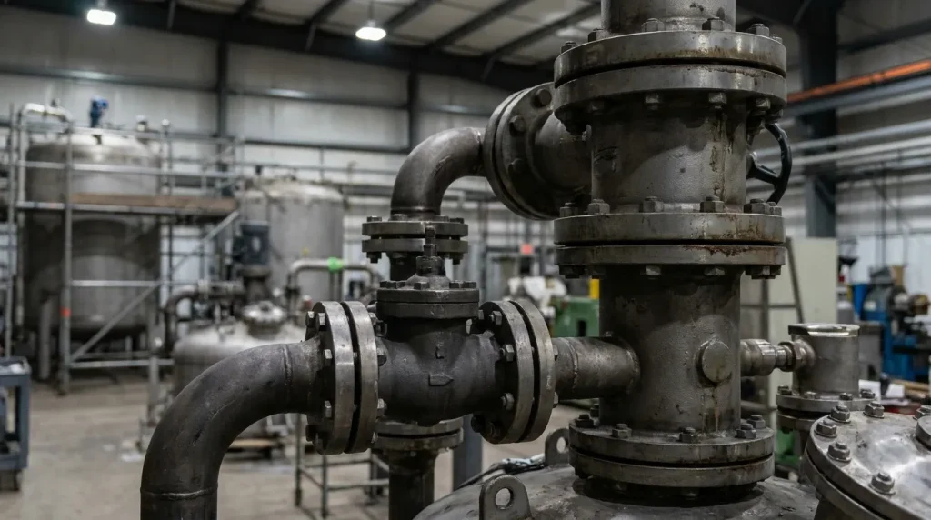 Hastelloy nickel alloy piping, valves, and chemical processing equipment installed in an industrial facility.
