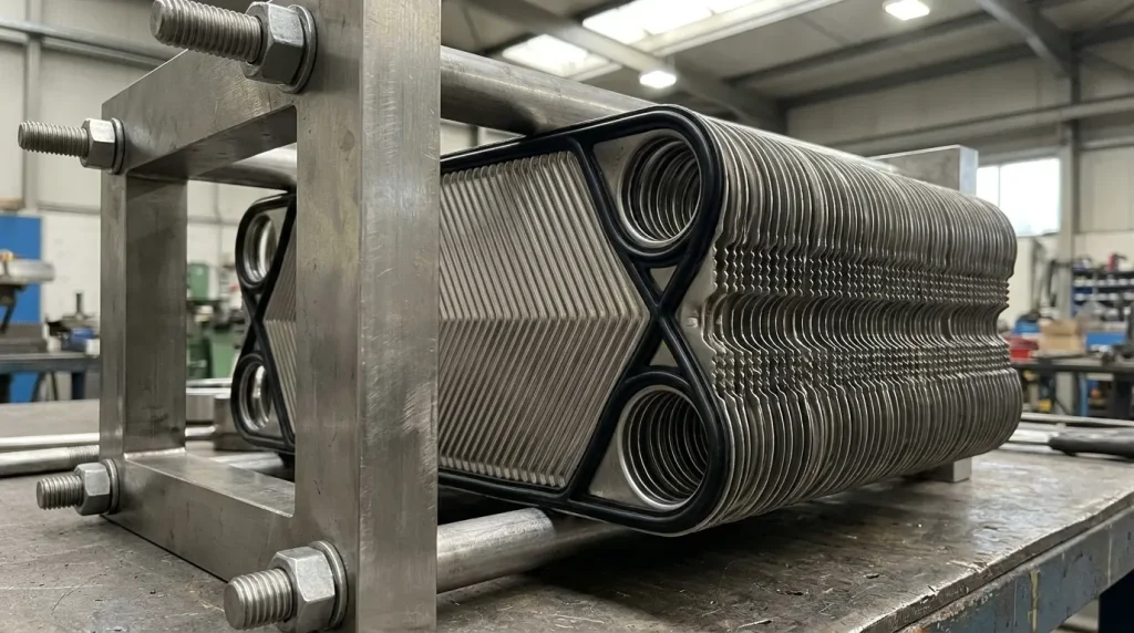 Plate heat exchanger components including frame, corrugated plates, and sealing gaskets.