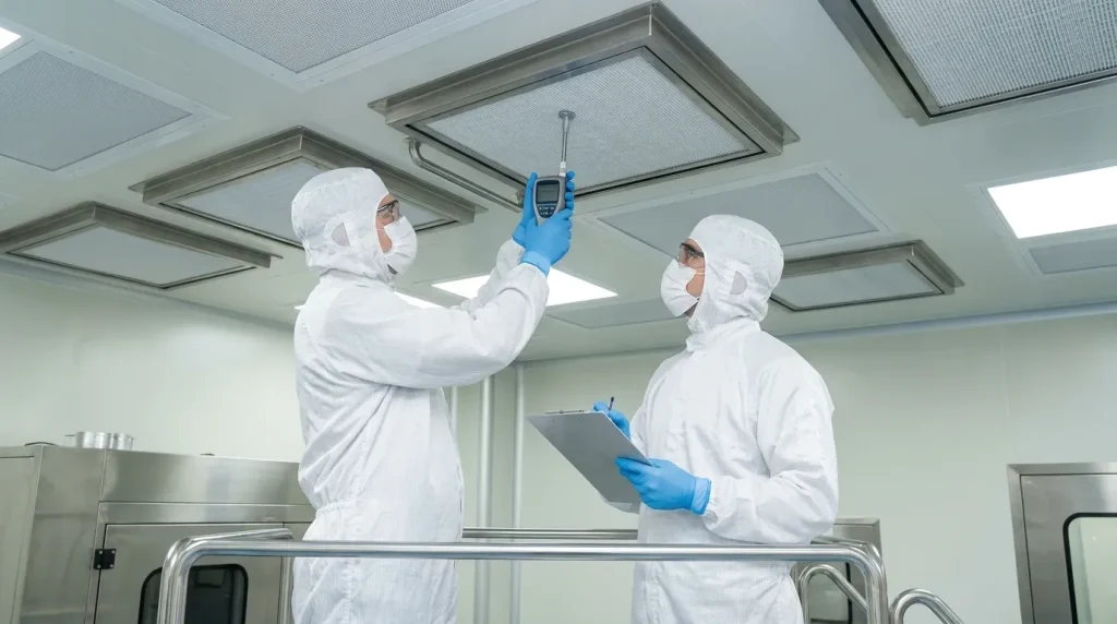 Cleanroom technicians testing and maintaining HEPA filtration systems using air measurement equipment.