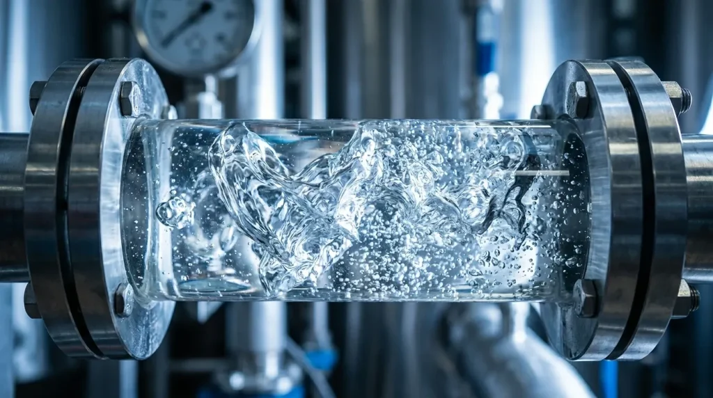 High-velocity liquid circulation through a transparent section of industrial evaporator piping.