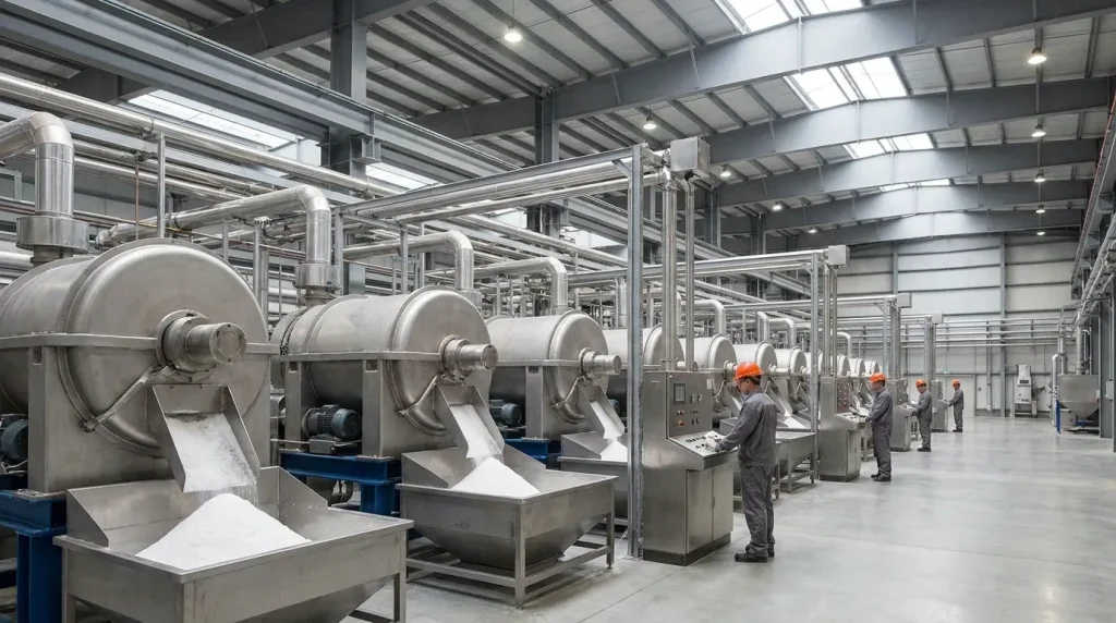 High-volume pusher centrifuges operating in a production facility with separated solids discharged into collection bins.