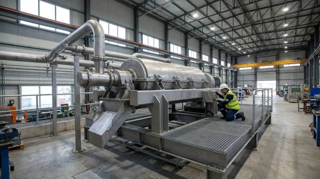 Large horizontal decanter centrifuge installed in a chemical processing plant with a technician performing inspection.