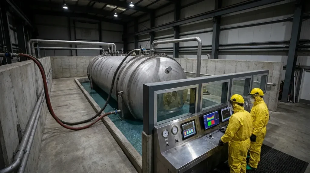 Technicians conducting hydrostatic pressure testing on a large industrial vessel in a controlled test area.