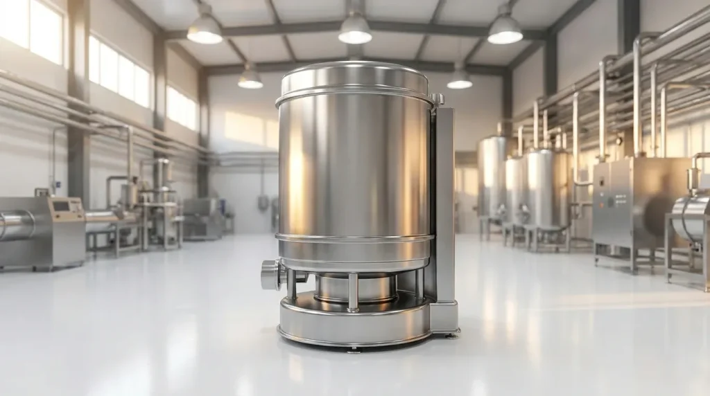 Stainless steel basket centrifuge installed in an industrial manufacturing and processing facility.