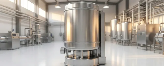 Stainless steel basket centrifuge installed in an industrial manufacturing and processing facility.