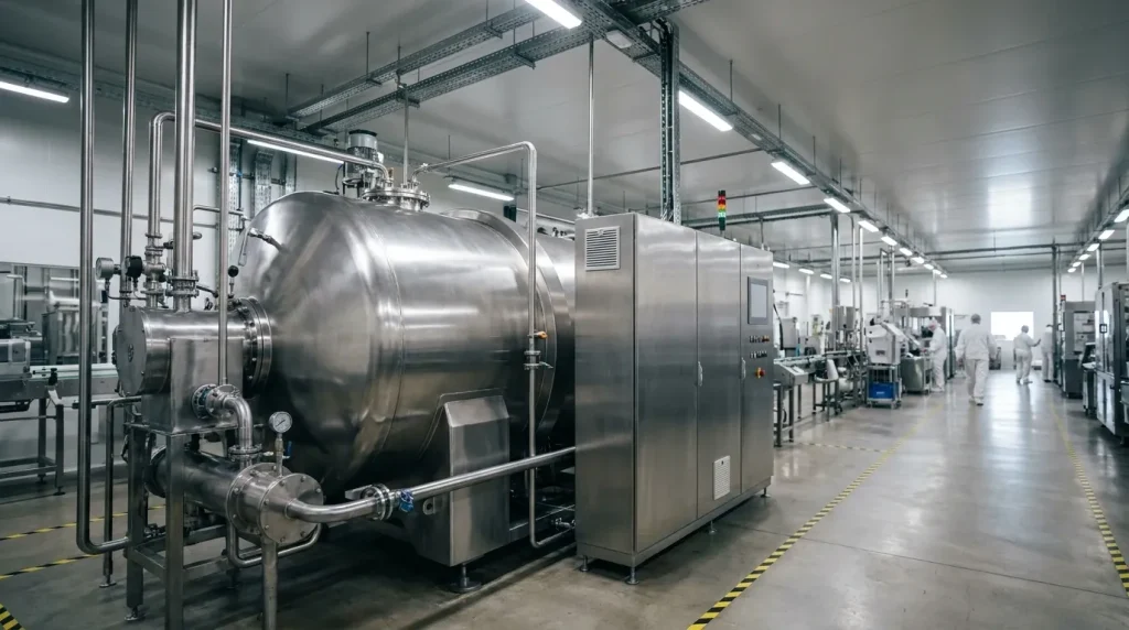 Large stainless steel industrial basket centrifuge installed on a manufacturing floor with piping and control equipment.