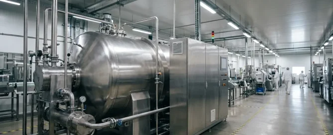 Large stainless steel industrial basket centrifuge installed on a manufacturing floor with piping and control equipment.