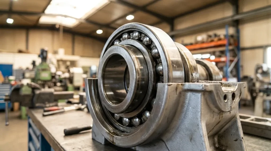 Close-up of an industrial centrifuge bearing assembly mounted in its housing during maintenance.