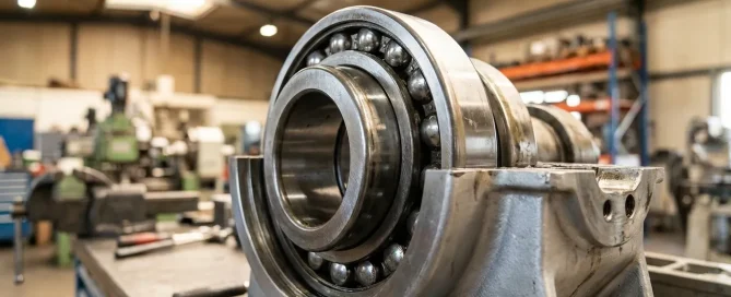 Close-up of an industrial centrifuge bearing assembly mounted in its housing during maintenance.