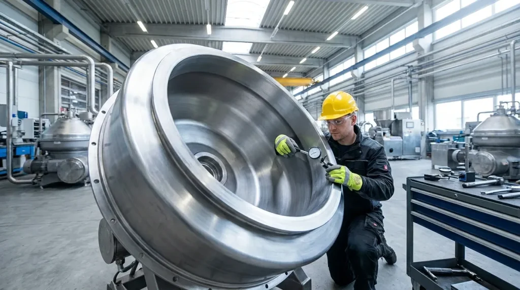Maintenance technician inspecting the interior dimensions and condition of a stainless steel industrial centrifuge bowl.