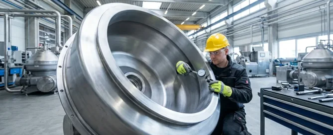 Maintenance technician inspecting the interior dimensions and condition of a stainless steel industrial centrifuge bowl.