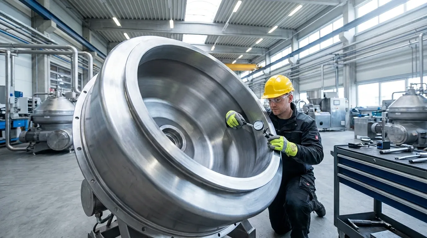 Maintenance technician inspecting the interior dimensions and condition of a stainless steel industrial centrifuge bowl.