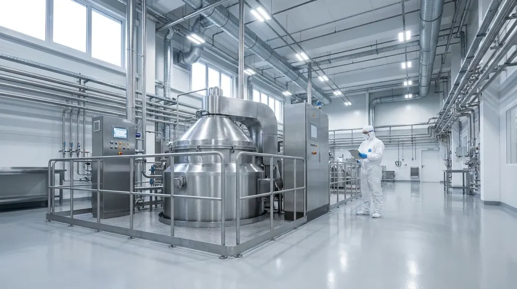 Industrial centrifuge installed in a clean processing facility during commissioning and operational verification.