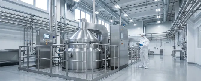 Industrial centrifuge installed in a clean processing facility during commissioning and operational verification.