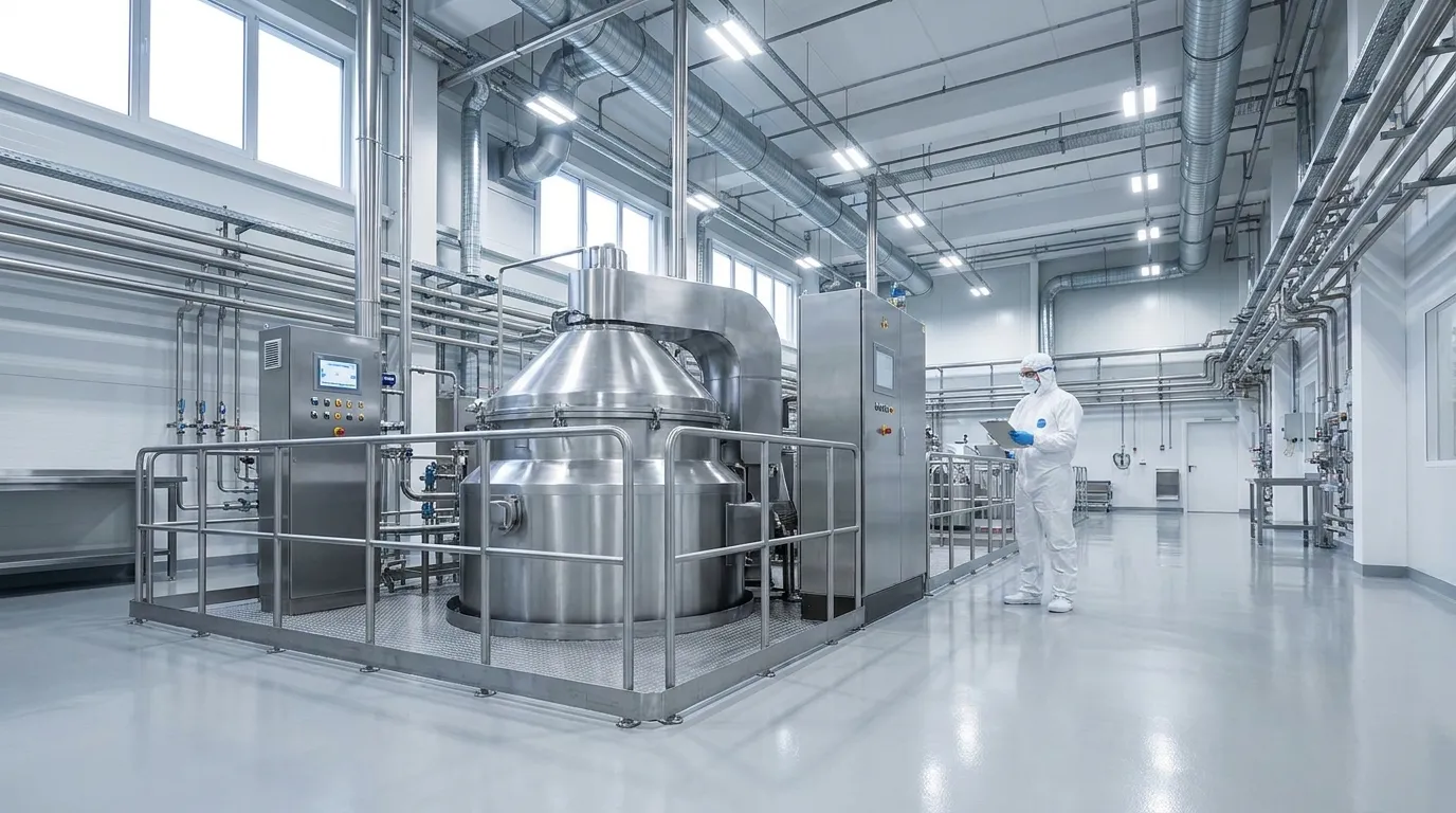 Industrial centrifuge installed in a clean processing facility during commissioning and operational verification.