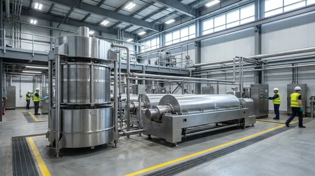 Industrial facility showing different centrifuge types including basket and horizontal decanter centrifuges.