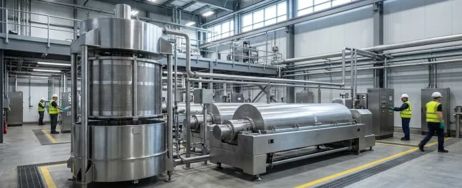 Industrial facility showing different centrifuge types including basket and horizontal decanter centrifuges.