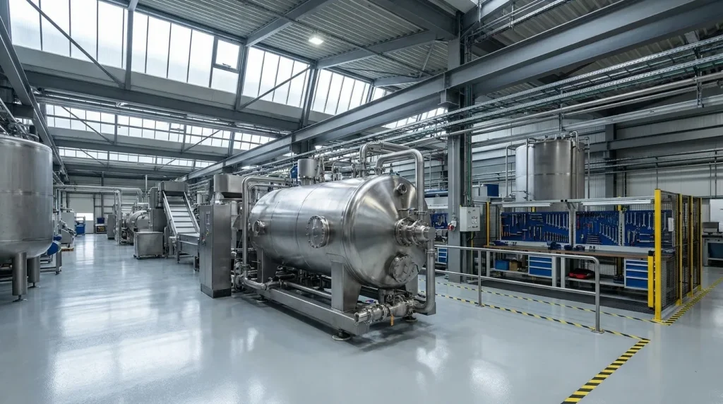 Large stainless steel industrial centrifuge system installed in a modern processing plant.