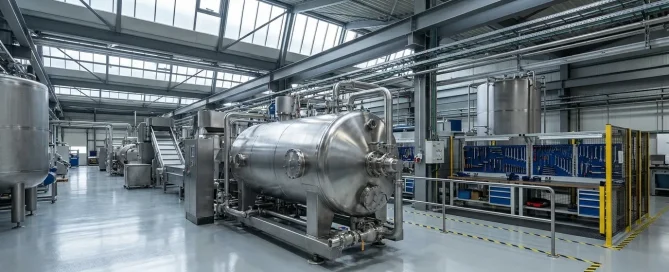 Large stainless steel industrial centrifuge system installed in a modern processing plant.