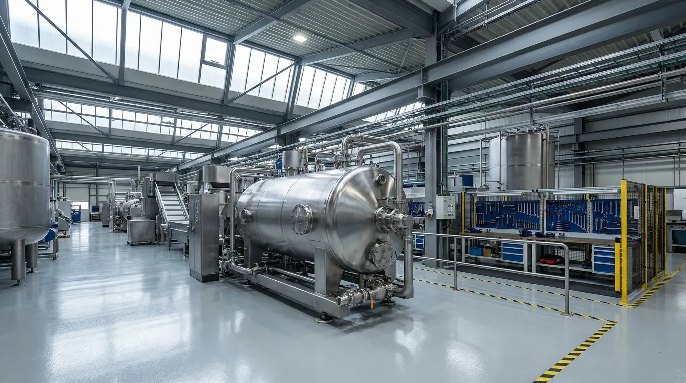 Large stainless steel industrial centrifuge system installed in a modern processing plant.