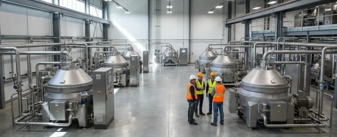 Large industrial centrifuge manufacturing and processing facility with multiple stainless steel centrifuge systems and engineers.