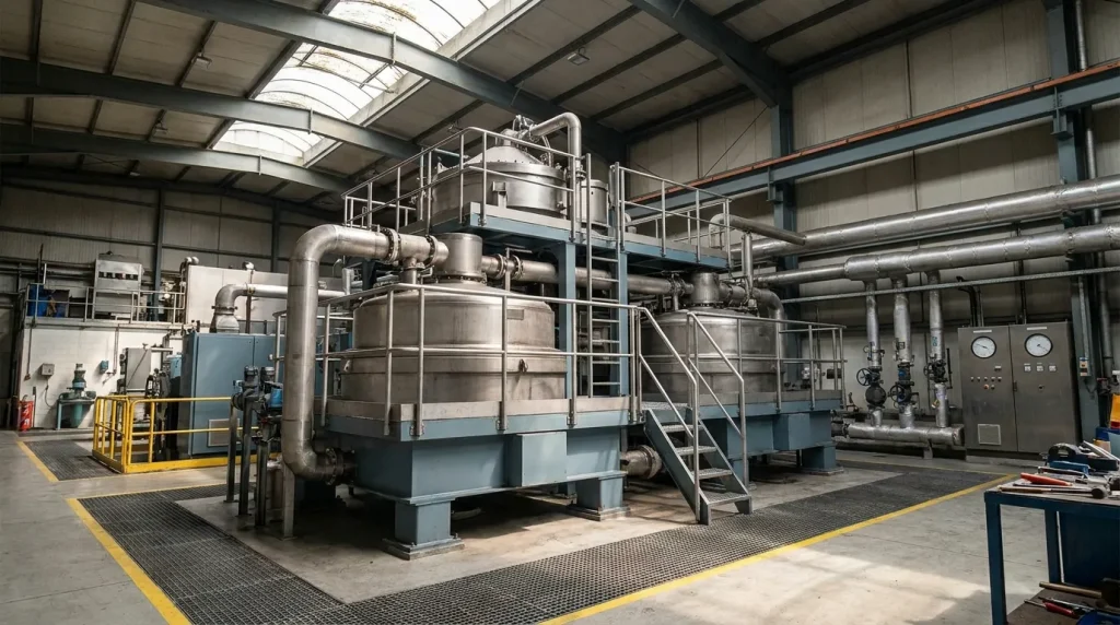 Industrial manufacturing facility with large centrifuge systems, piping, platforms, and processing equipment.