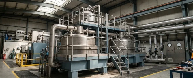 Industrial manufacturing facility with large centrifuge systems, piping, platforms, and processing equipment.