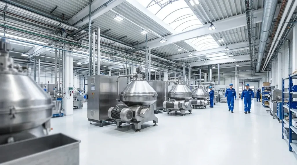 Industrial centrifuge manufacturing facility with multiple stainless steel centrifuges and technicians on the production floor.