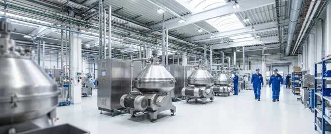 Industrial centrifuge manufacturing facility with multiple stainless steel centrifuges and technicians on the production floor.