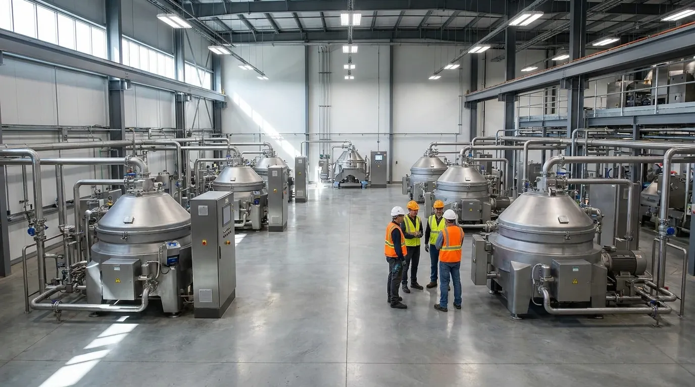 Large industrial centrifuge manufacturing and processing facility with multiple stainless steel centrifuge systems and engineers.