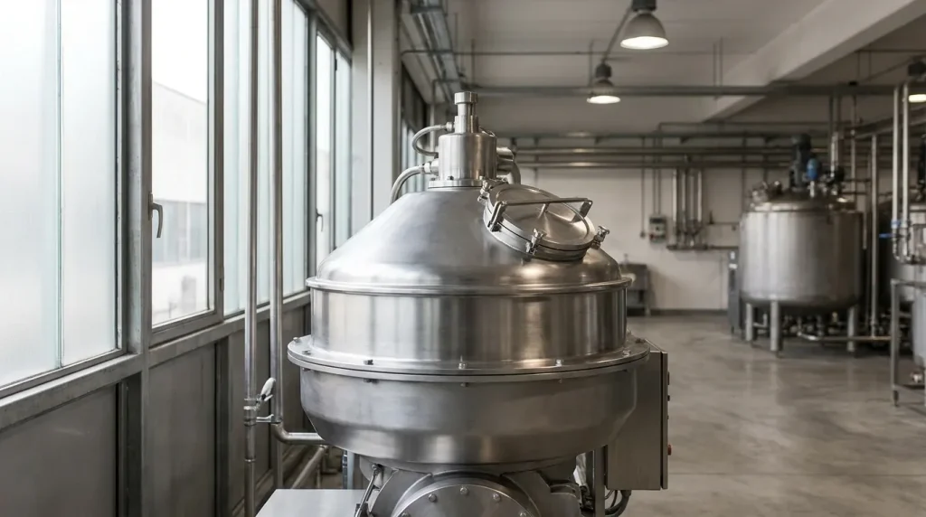 Stainless steel industrial centrifuge installed in a processing facility, showing equipment construction and material design.